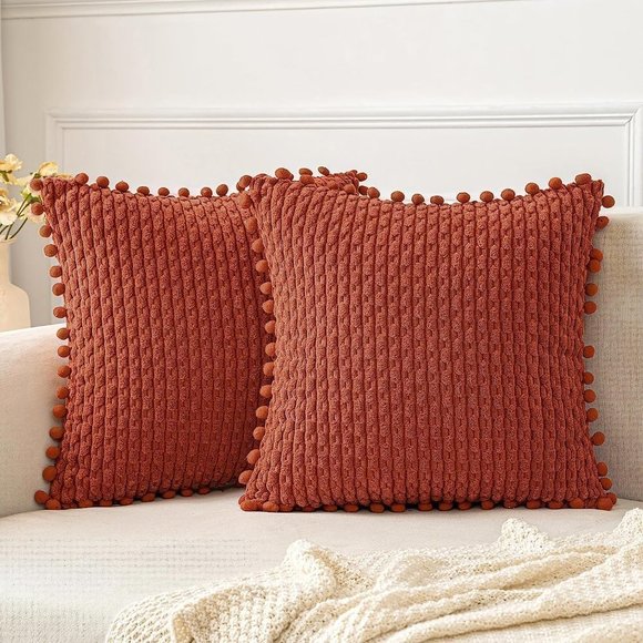 Pompom Orange Stripe Texture Corduroy Farmhouse Cute Luxury Soft PillowCover Set